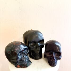 Anthropologie Lot of 3 Large Black Skull Candle Set